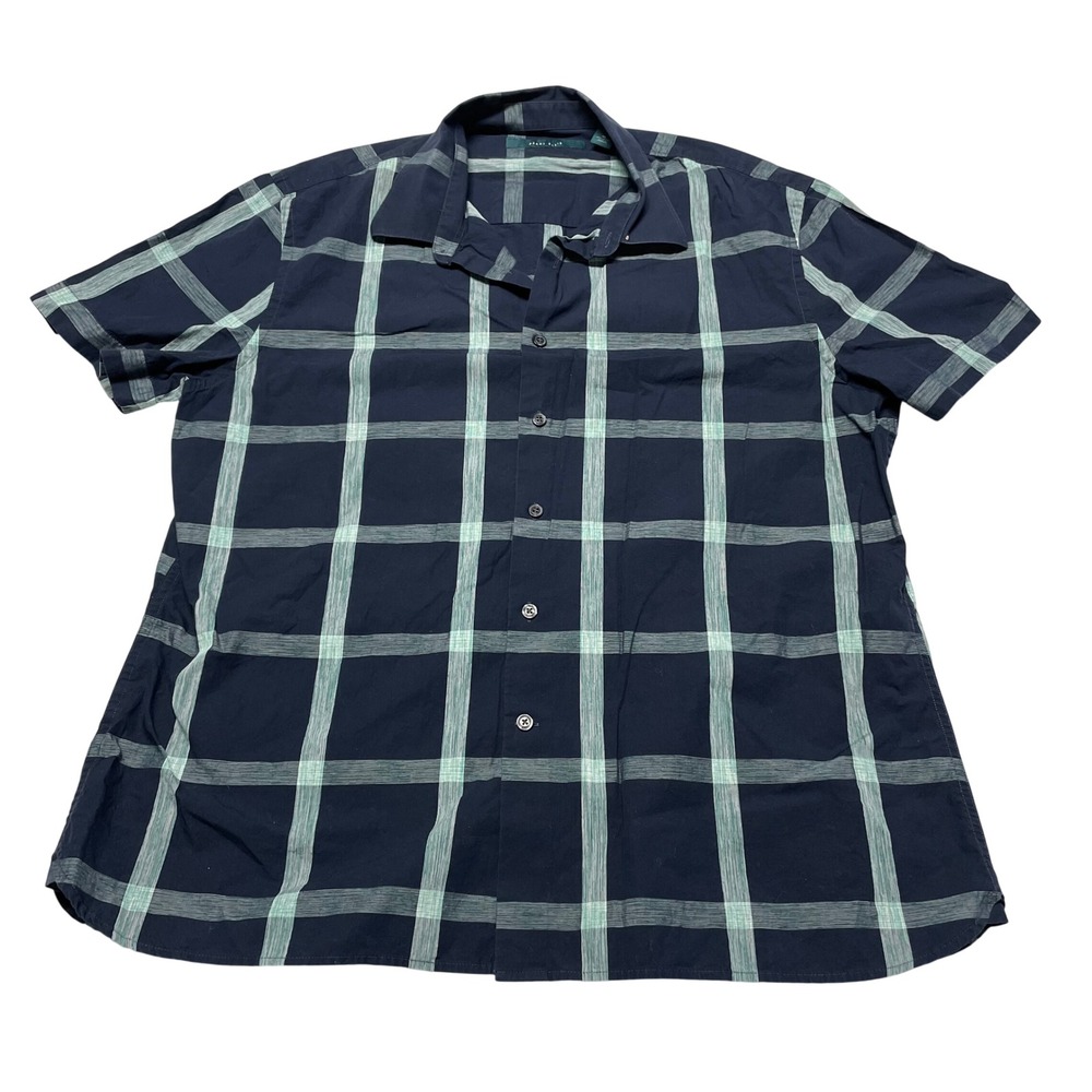 Perry Ellis Button Up Shirt Mens XL Blue Plaid Short Sleeve Cotton Casual